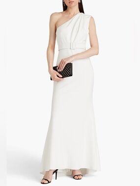 BADGLEY MISCHKA One Shoulder Belted Crepe Gown Ivory 8 NEW NWT